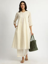Cotton Jacquard Lace Detail Kurta Set - Off-White