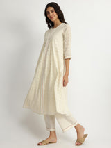 Cotton Jacquard Lace Detail Kurta Set - Off-White