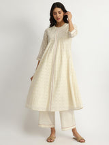 Cotton Jacquard Lace Detail Kurta Set - Off-White