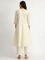 Cotton Jacquard Lace Detail Kurta Set - Off-White