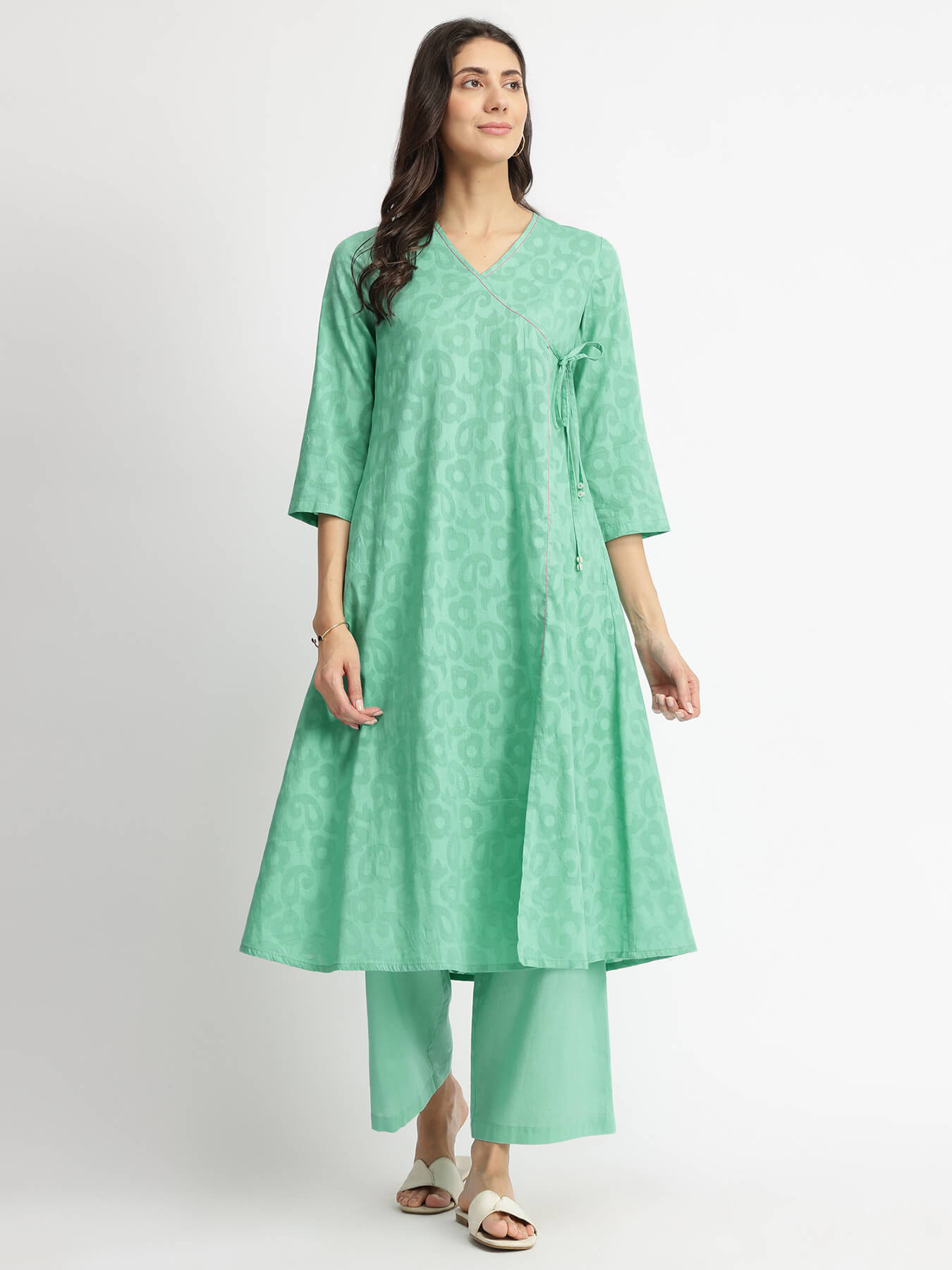 Cotton Jacquard Angrakha Kurta Set - Blue