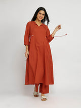 Cotton Jacquard A-Line Kurta Set - Rust