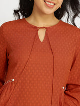 Cotton Jacquard A-Line Kurta Set - Rust