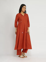 Cotton Jacquard A-Line Kurta Set - Rust
