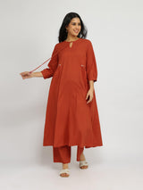 Cotton Jacquard A-Line Kurta Set - Rust