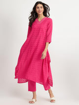 Cotton Jacquard Asymmetric Kurta Set - Pink