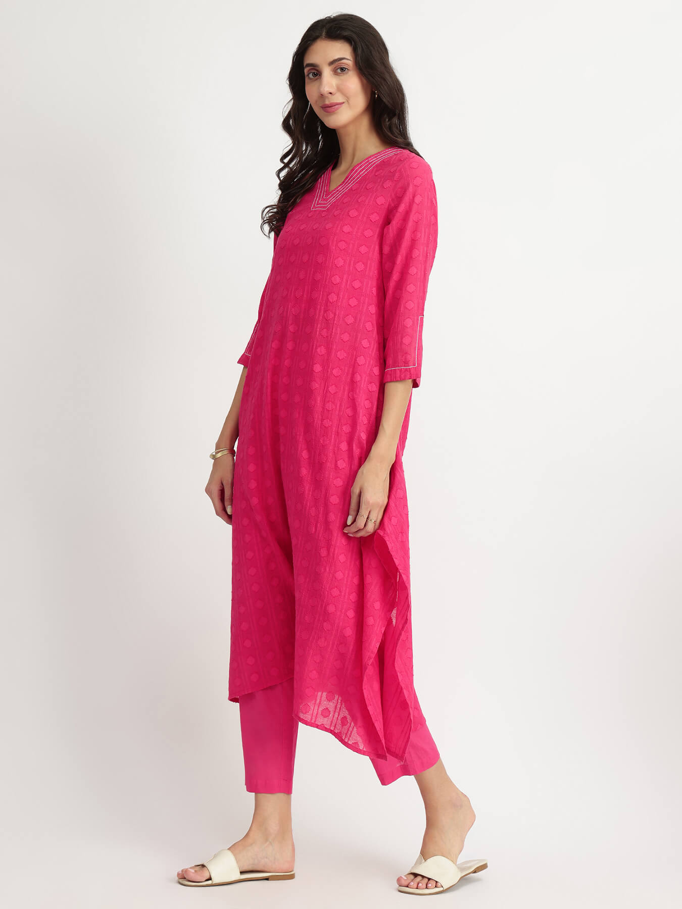 Cotton Jacquard Asymmetric Kurta Set - Pink