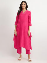 Cotton Jacquard Asymmetric Kurta Set - Pink
