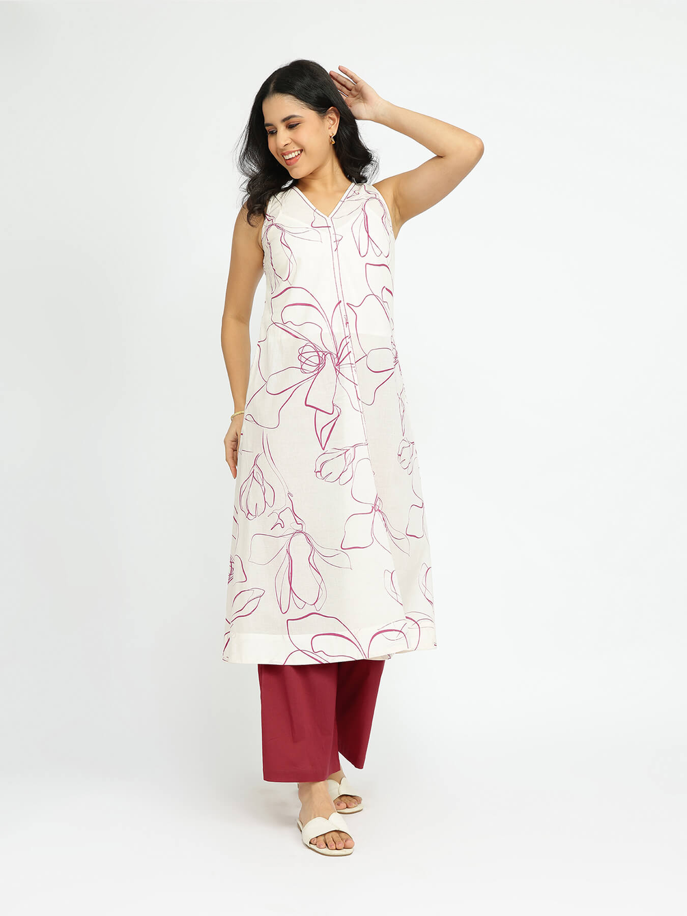 Cotton Abstract Print Kurta Set - Off White & Red