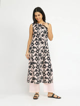 Cotton Floral Sleeveless Kurta Set - Black & Beige