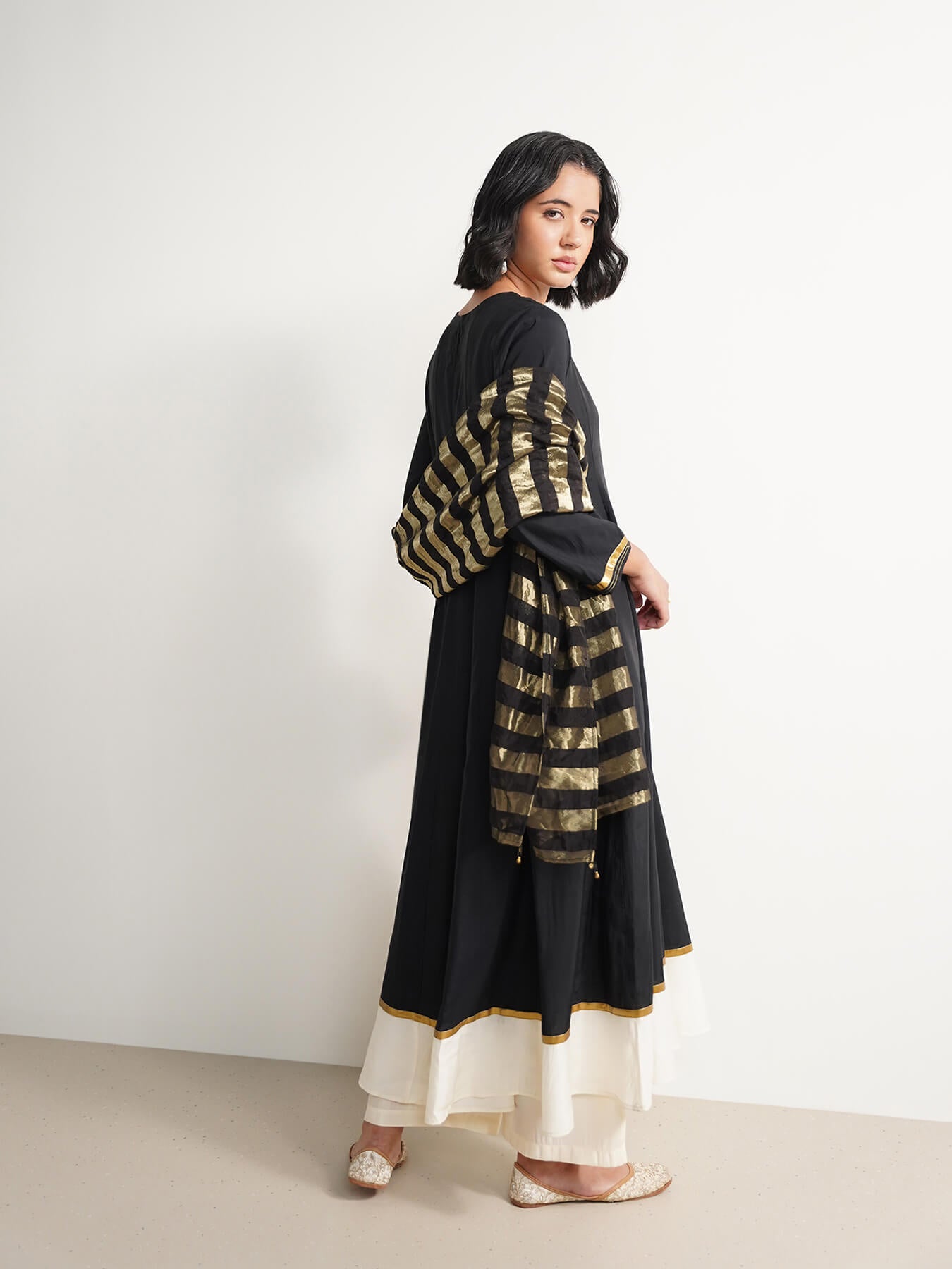 Viscose Anarkali Kurta Set with Dupatta - Black & White