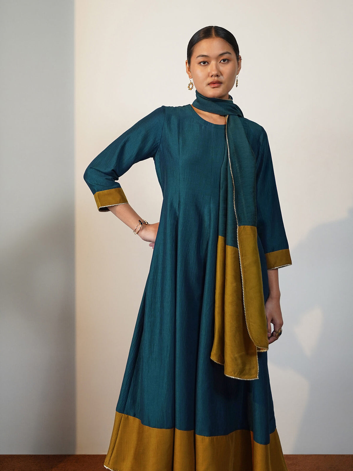 Viscose Silk Colourblock Anarkali Kurta Set with Dupatta - Teal & Mustard
