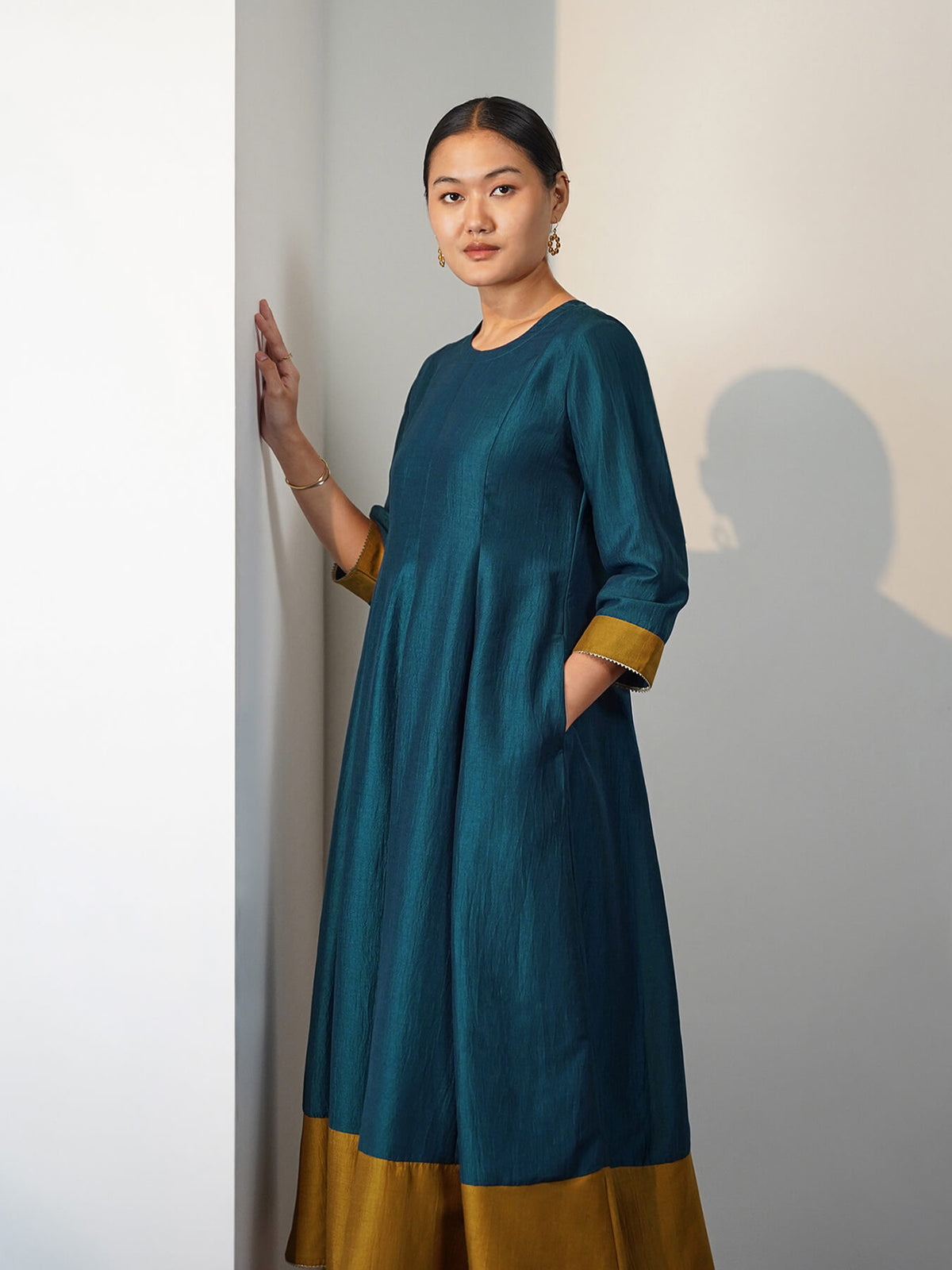 Viscose Silk Colourblock Anarkali Kurta Set with Dupatta - Teal & Mustard