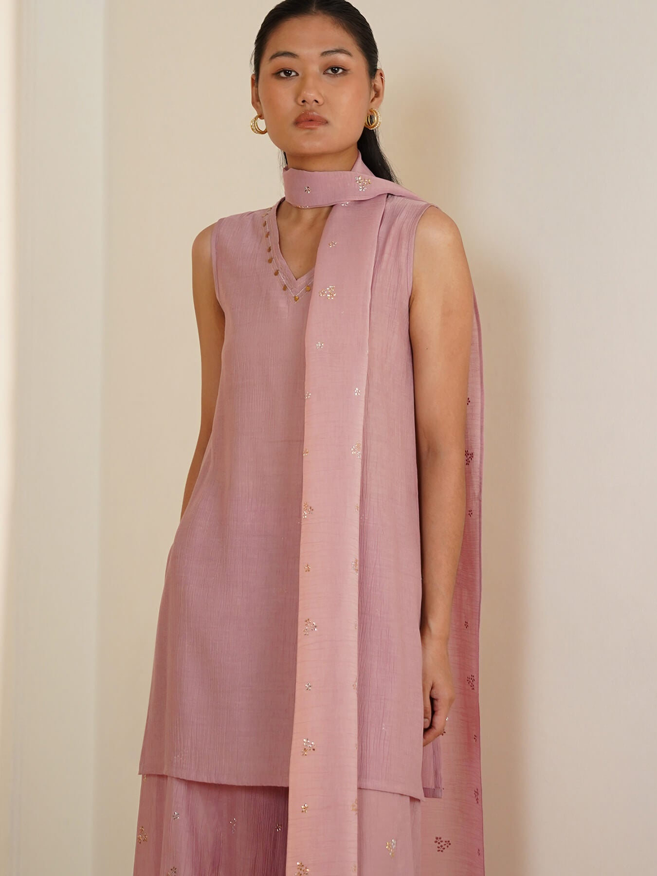 Chiffon Floral Kurta Set with Dupatta - Pink