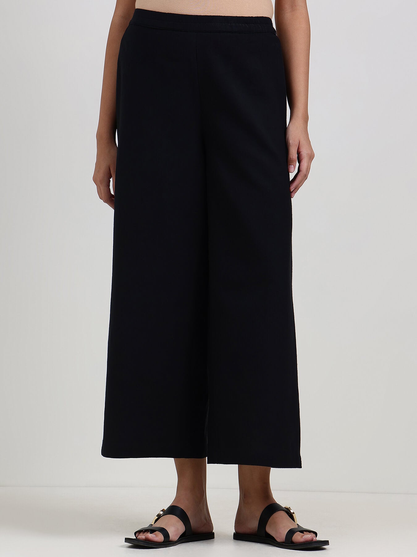 Linen Blend Solid Flared Culottes - Black