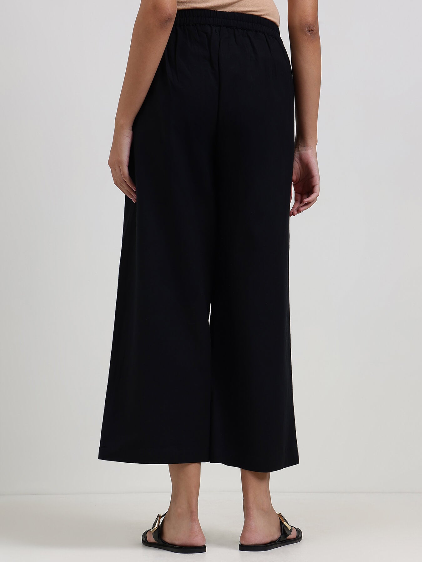 Linen Blend Solid Flared Culottes - Black