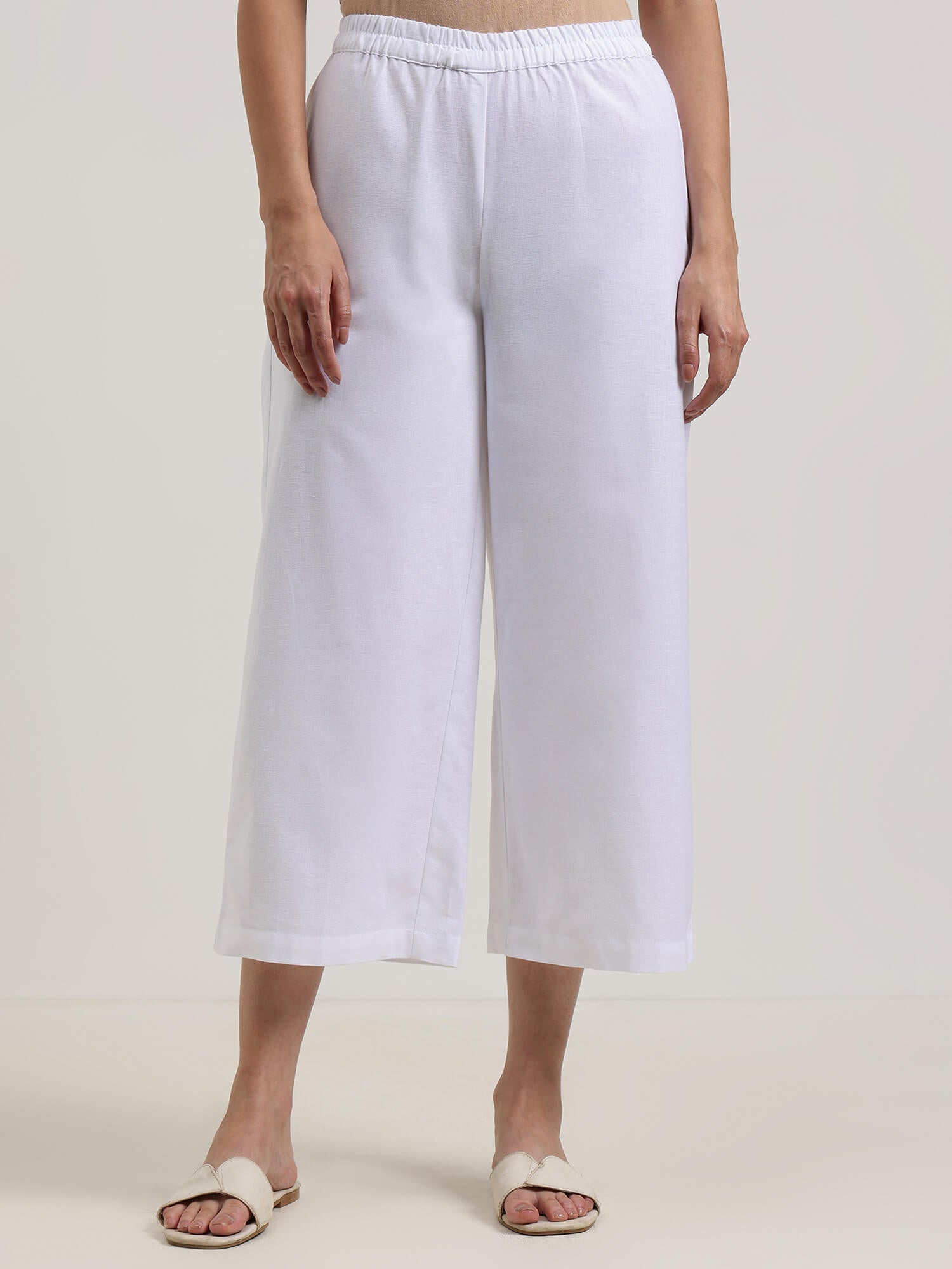 Linen Blend Solid Flared Culottes - White