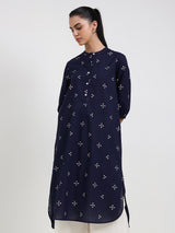 Cotton Polka Straight Kurta - Navy Blue