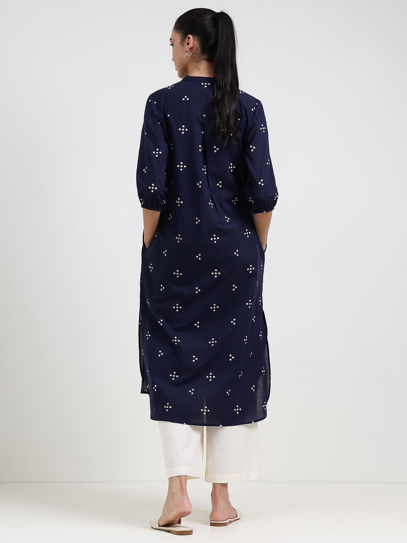 Cotton Polka Straight Kurta - Navy Blue