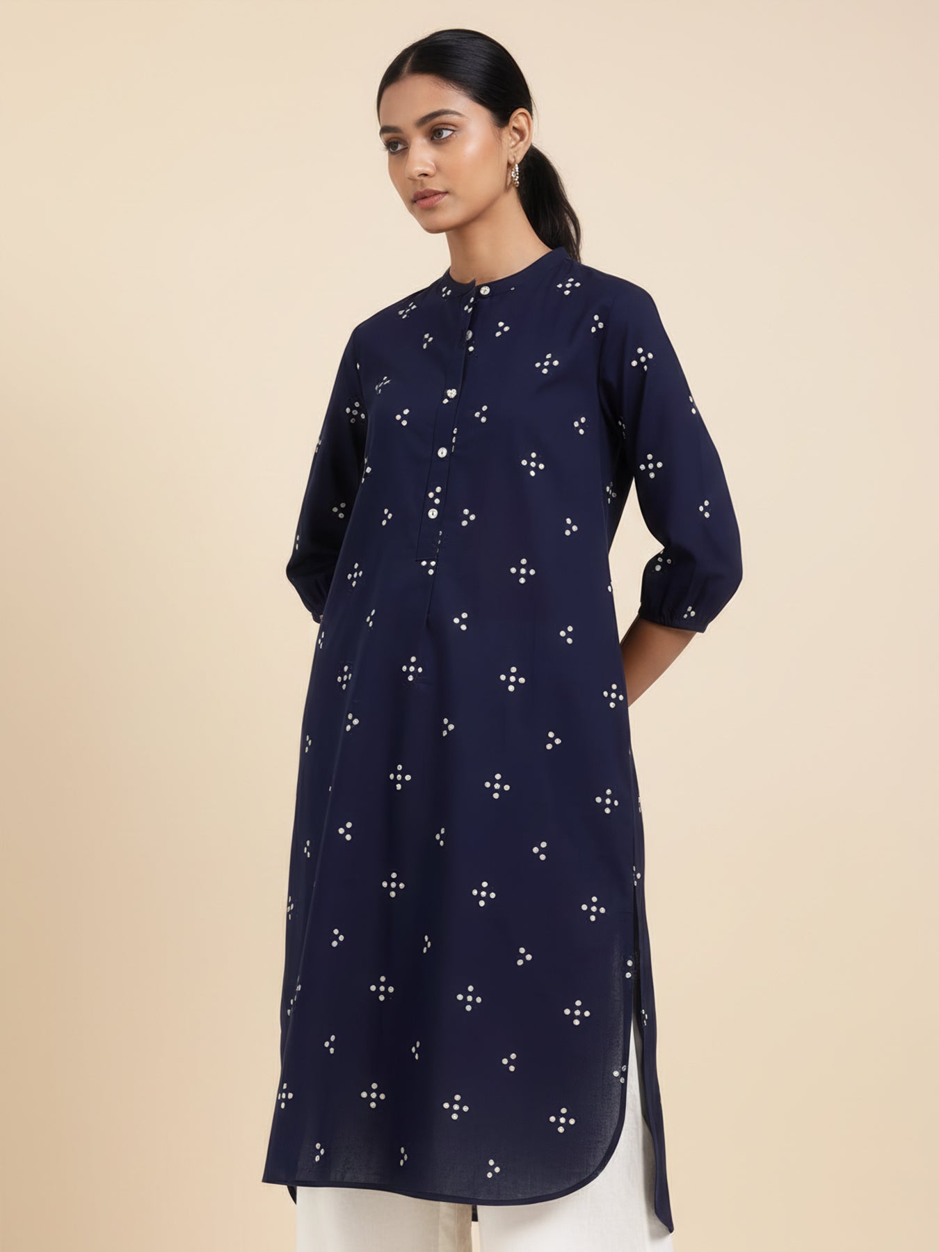 Cotton Polka Straight Kurta - Navy Blue