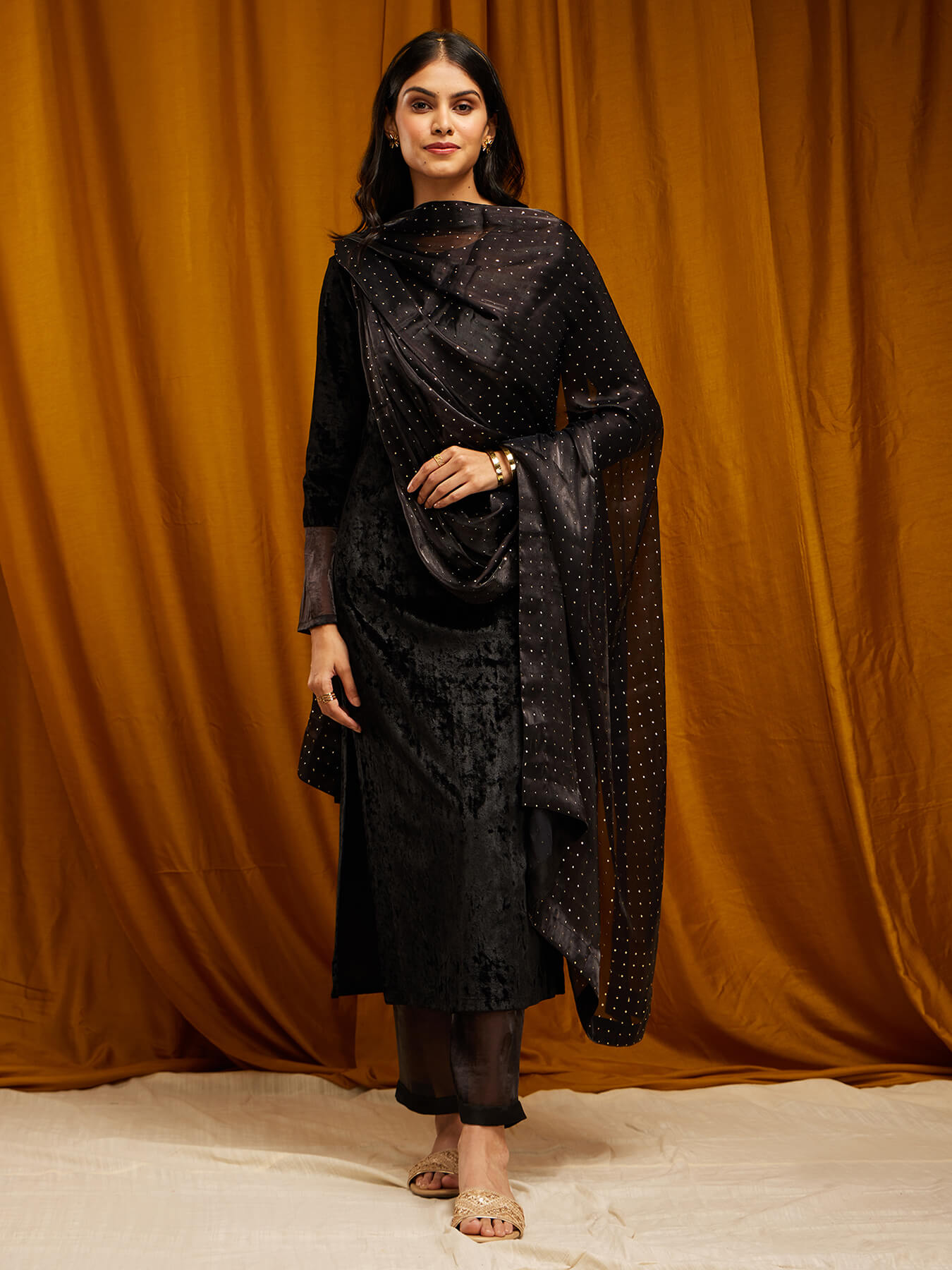 Velvet Straight Kurta Set - Black