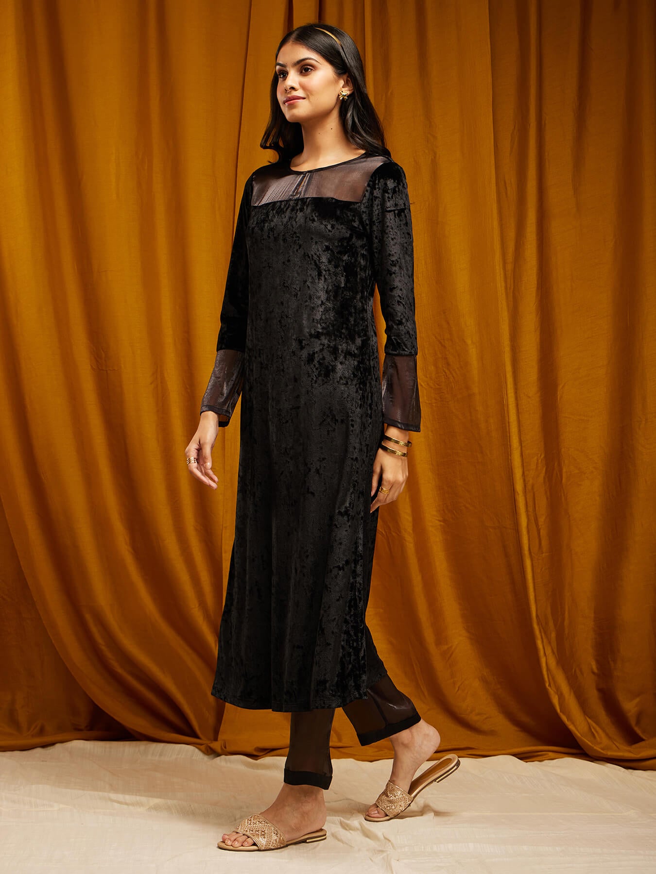 Velvet Straight Kurta Set - Black