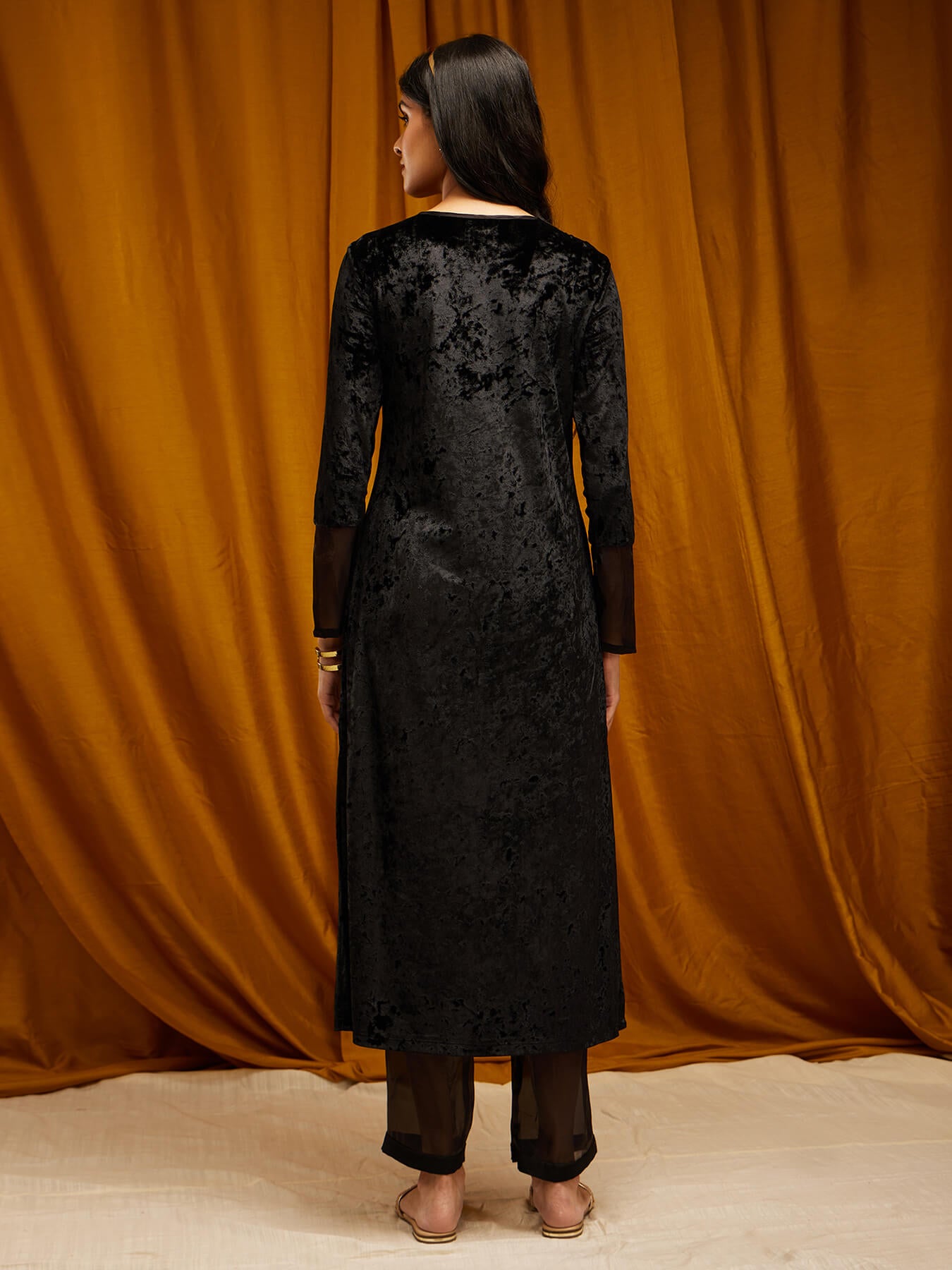 Velvet Straight Kurta Set - Black