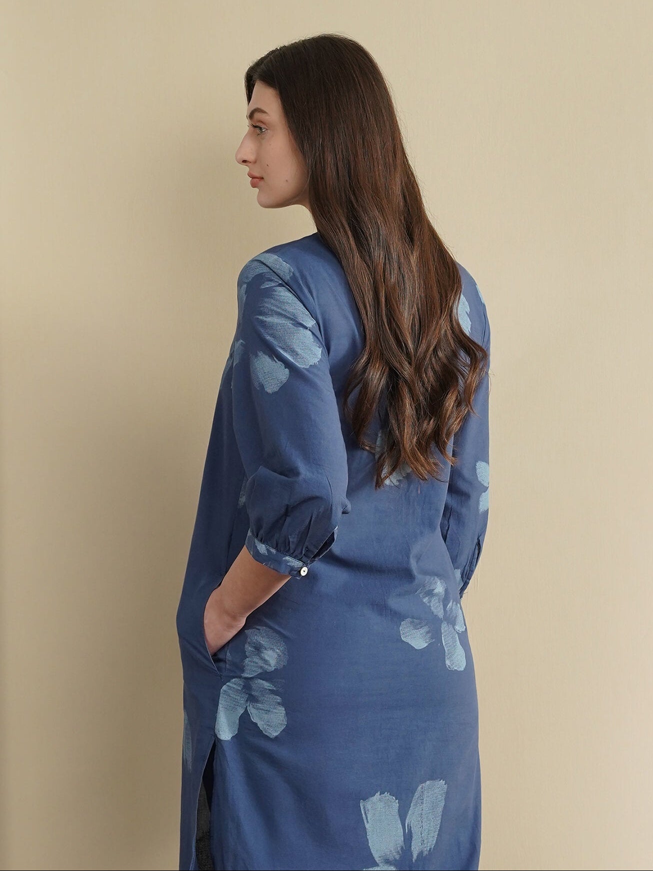 Cotton Floral Mandarin Collar Kurta Set - Navy Blue