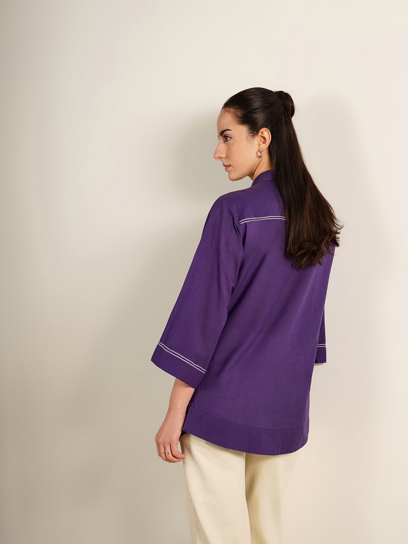 Cotton Placement Floral Print Shirt - Purple