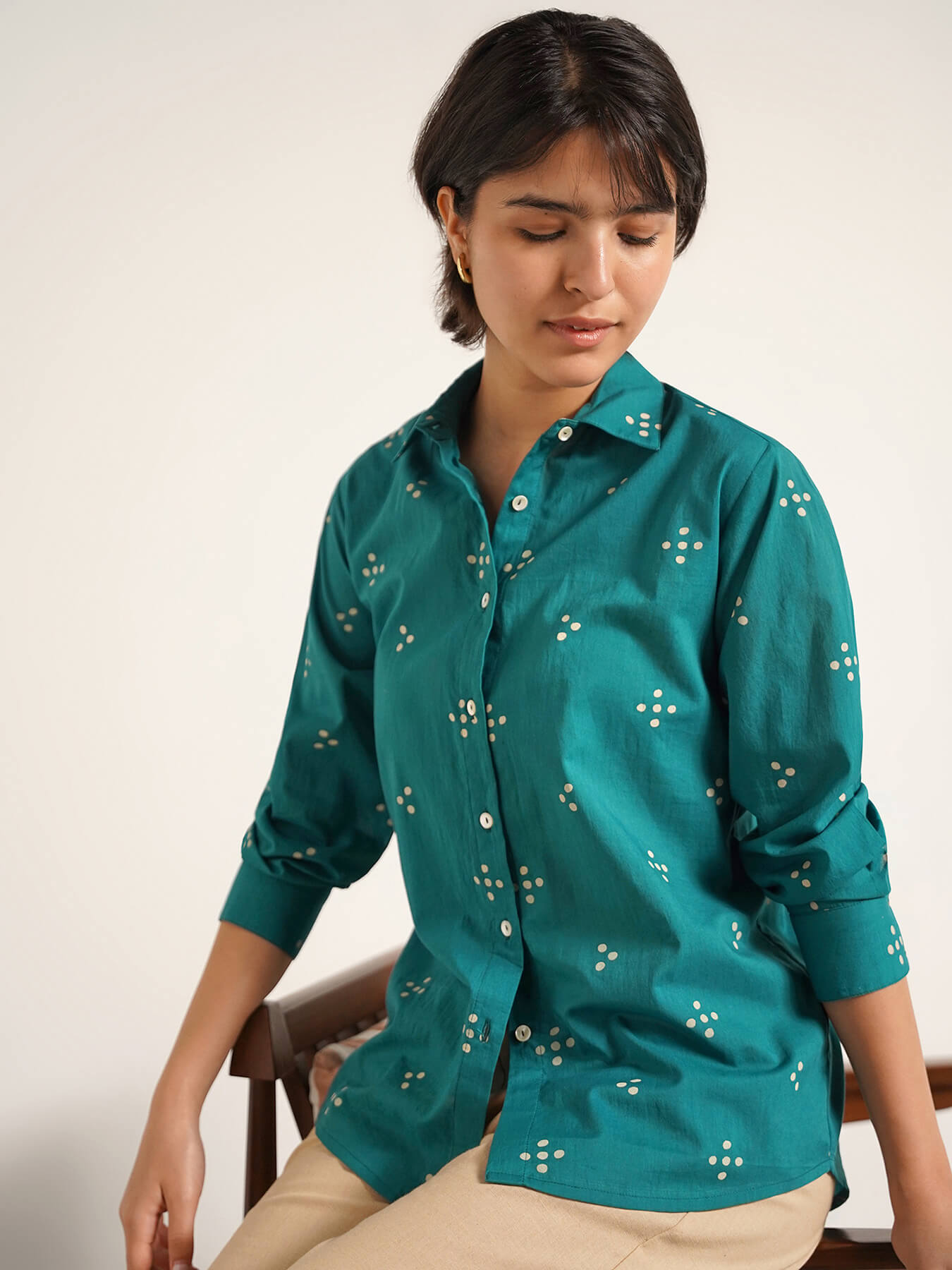 Cotton Geometric Print Shirt - Teal