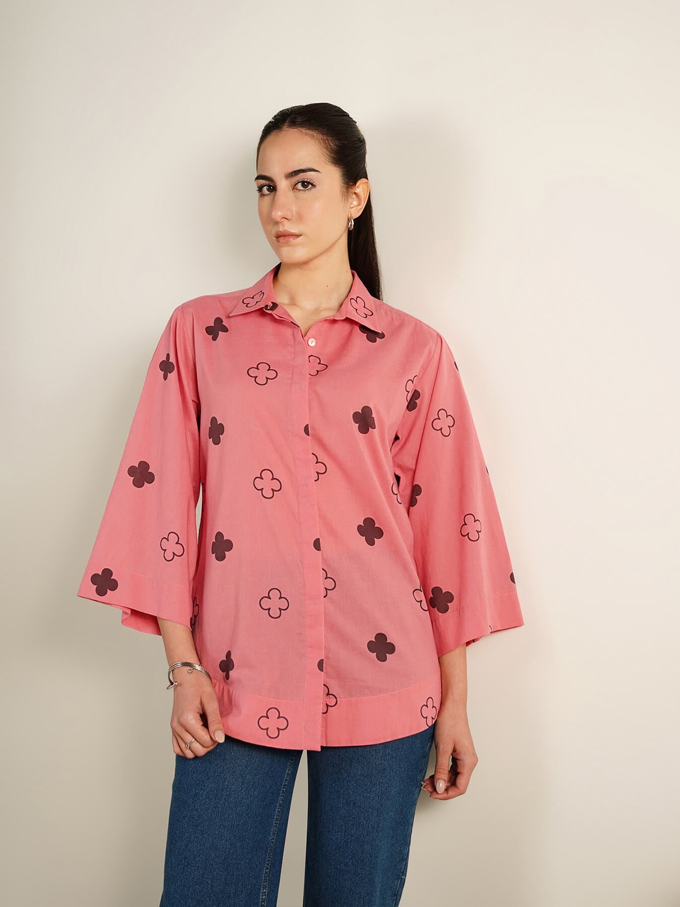 Cotton Geometric Print Shirt - Peach