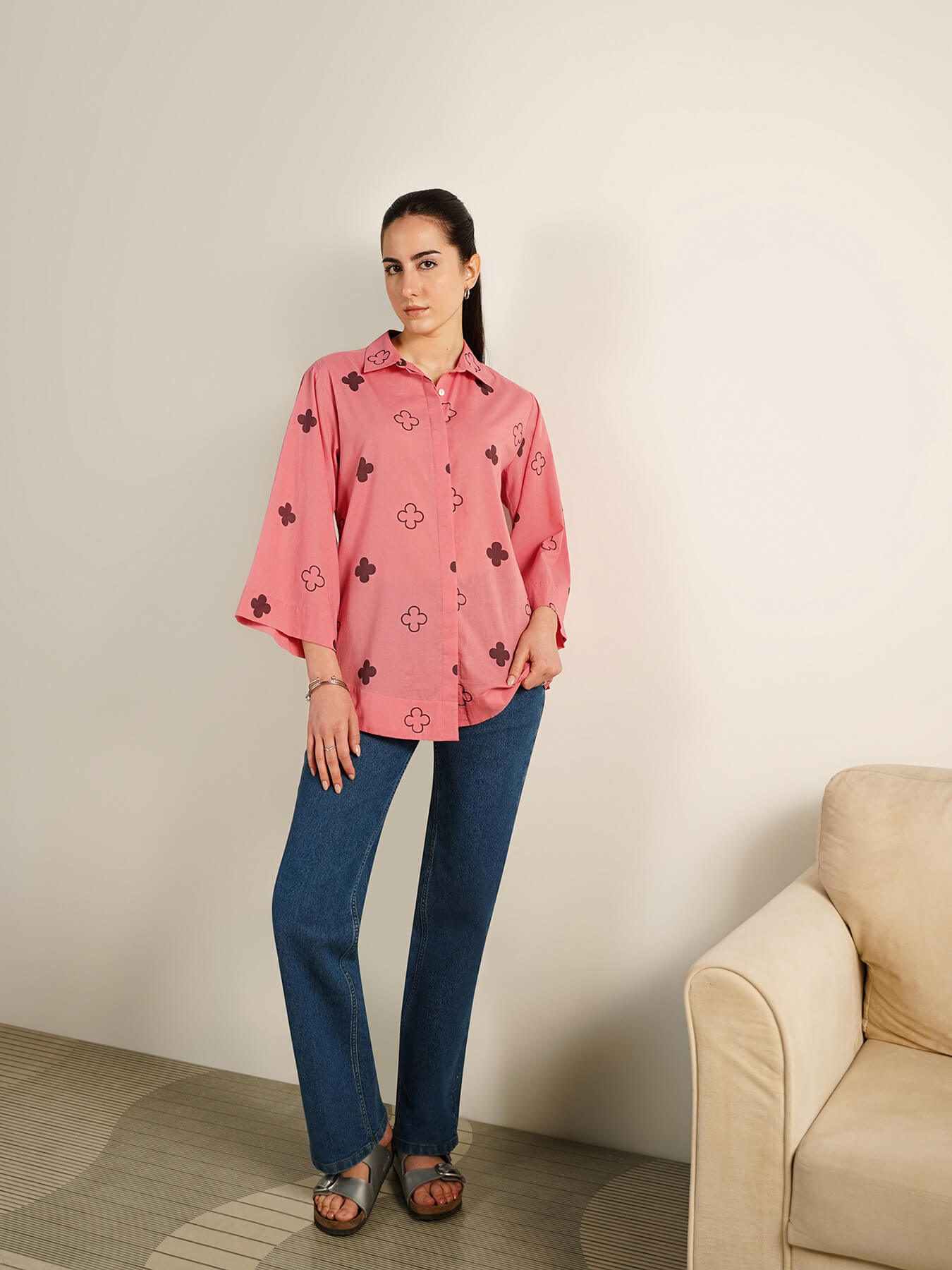 Cotton Geometric Print Shirt - Peach