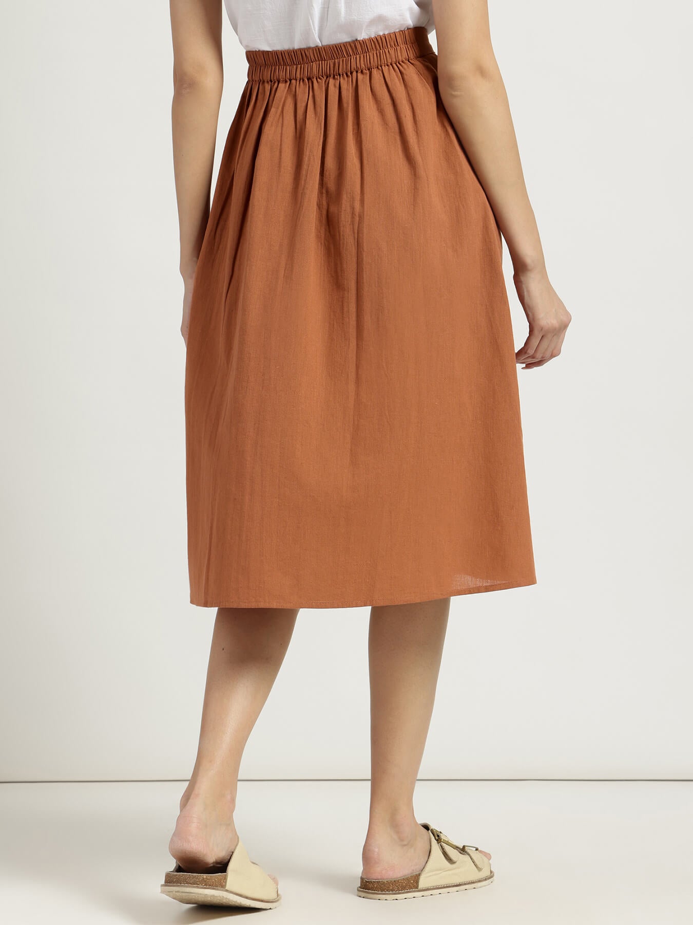 Linen Blend Solid Flared Skirt - Rust