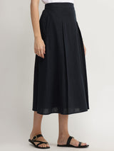 Linen Blend Solid Flared Skirt - Black
