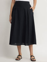 Linen Blend Solid Flared Skirt - Black