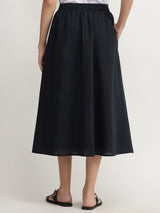 Linen Blend Solid Flared Skirt - Black
