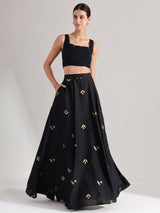 Silk Gold Floral Flared Skirt - Black & Gold