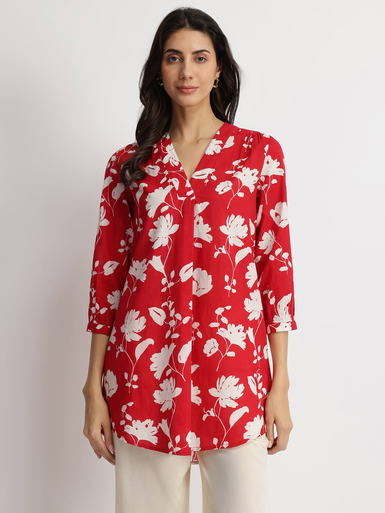 Cotton Floral Pleated V-Neck Tunic - Red & White