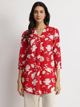 Cotton Floral Pleated V-Neck Tunic - Red & White