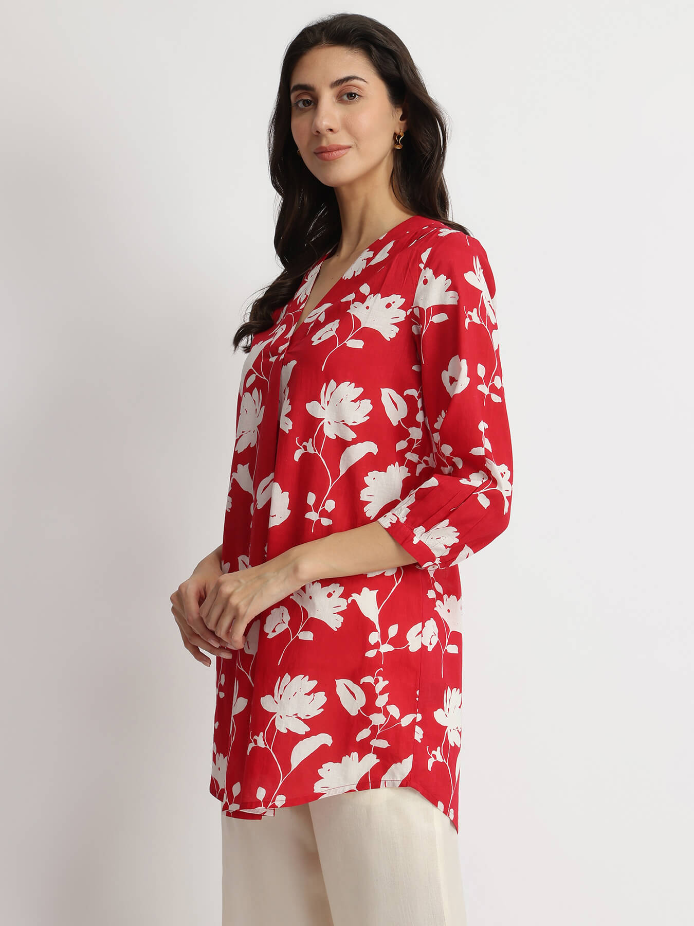 Cotton Floral Pleated V-Neck Tunic - Red & White