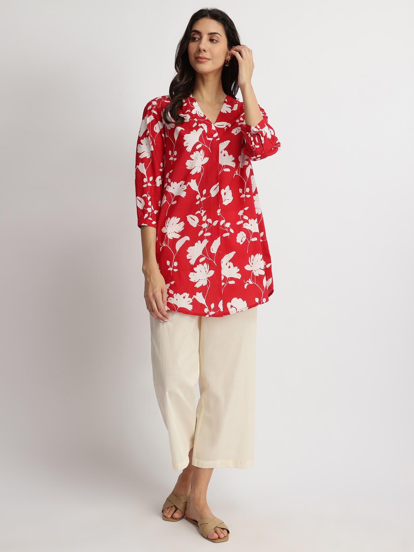 Cotton Floral Pleated V-Neck Tunic - Red & White