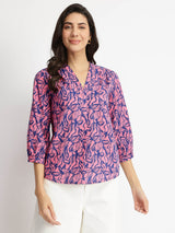 Cotton Floral V-Neck Top - Pink & Blue