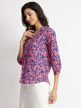 Cotton Floral V-Neck Top - Pink & Blue