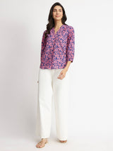 Cotton Floral V-Neck Top - Pink & Blue