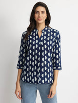 Cotton Dabu Half Polka Print Top - Indigo