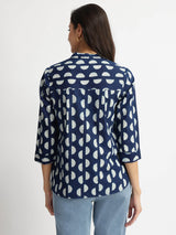 Cotton Dabu Half Polka Print Top - Indigo