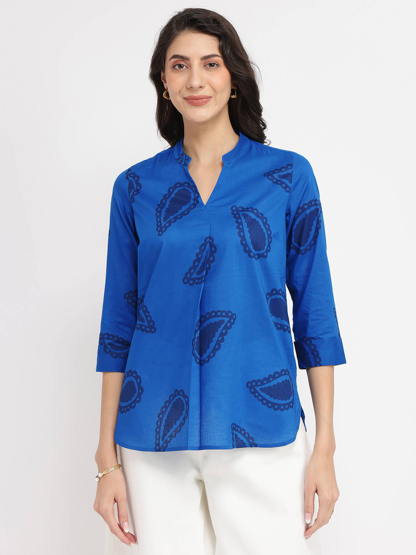 Cotton Paisley Print Top - Blue
