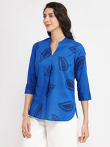 Cotton Paisley Print Top - Blue