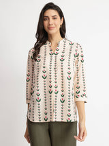 Cotton Floral Motif Top - Off-White & Green