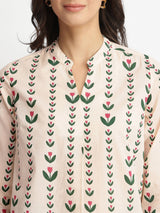 Cotton Floral Motif Top - Off-White & Green